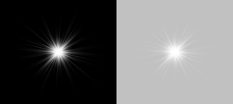 A pair of bright white light flares appear against a pitch black background. Each flare radiates sharp, linear rays with varying length and intensity. The symmetrical positioning creates a.