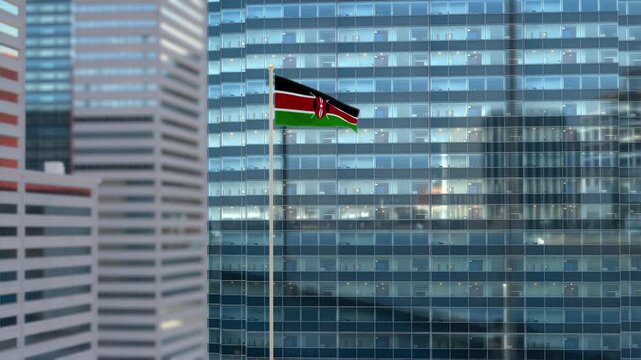 Kenya Flag 3D Render Animation Waving Against Glass Office Building - Daylight Scene