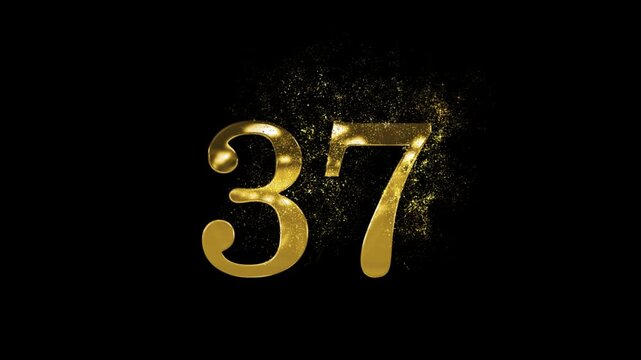 Banner of golden number 37 made of golden particles and transparent background, thirty seven