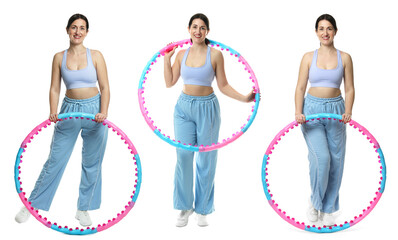 Happy woman with hula hoop on white background. Collection of portraits on white background © New Africa