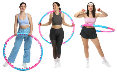 Happy woman with hula hoop on white background. Collection of portraits on white background © New Africa