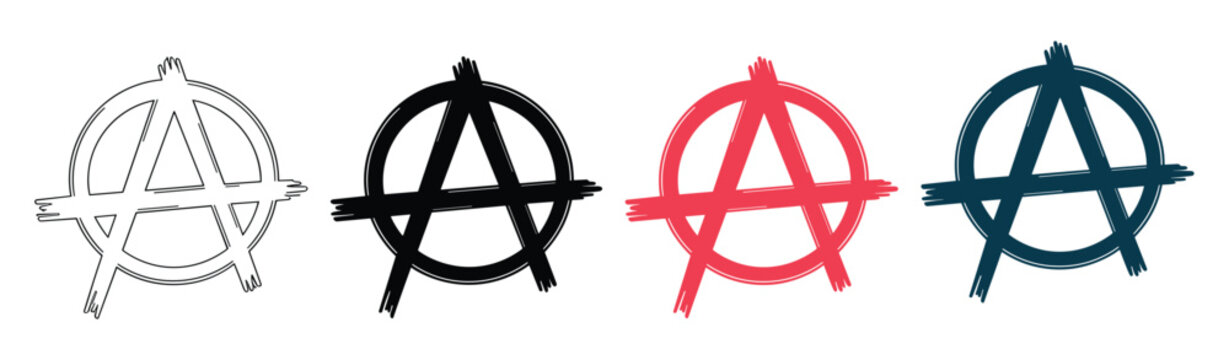 Anarchy Symbol Collection: A set of four anarchy symbols in different colors, including white outline, black, red, and dark blue, representing freedom and rebellion.