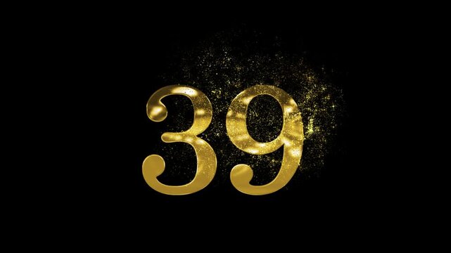 Banner of golden number 39 made of gold particles and transparent background, thirty nine