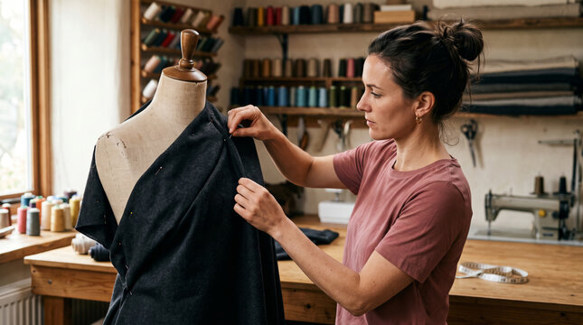 Seamstress working on a dark fabric draped over a mannequin in a studio
