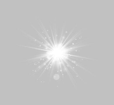 A bright white light burst radiates sharply from the center. The rays extend outward with varied lengths and soft glowing particles. This intense flare effect is perfect for highlights or.