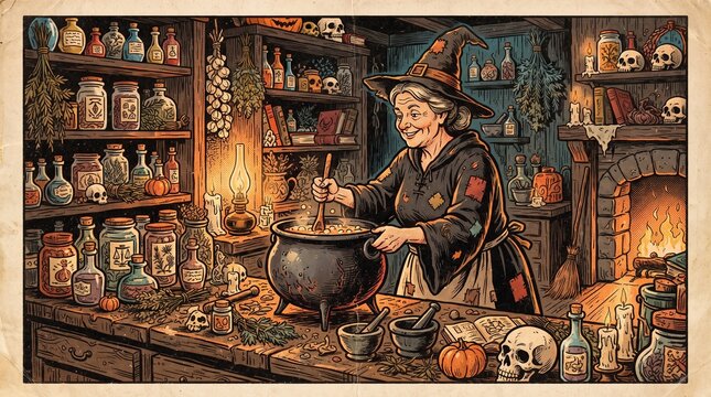 Witch preparing a magical Halloween potion inside a cozy vintage kitchen with retro comic book styling.