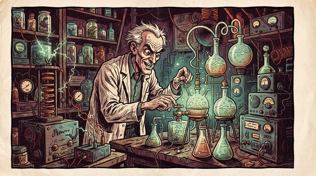 Mad scientist working inside a mysterious laboratory filled with Halloween experiments, illustrated in vintage pulp comic style.