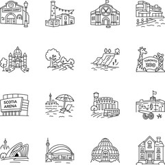Obraz premium Toronto landmark hand-drawn icons featuring markets, museums, parks, waterfront attractions, recreation, historic sites, stadiums, cultural architecture. 