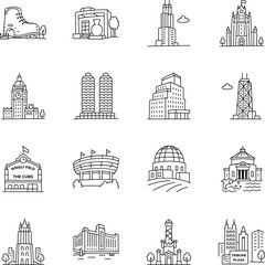 Obraz premium Toronto museum icons transition into Chicago architecture, highlighting skyscrapers, towers, stadiums, cultural buildings, plazas, urban landmarks.