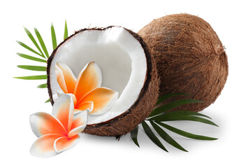 Fresh coconuts, plumeria flowers and green palm leaves isolated on white © New Africa