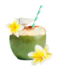 Green coconut with drinking straw and plumeria flowers isolated on white © New Africa