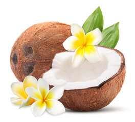 Coconuts, plumeria flowers and green leaves isolated on white © New Africa