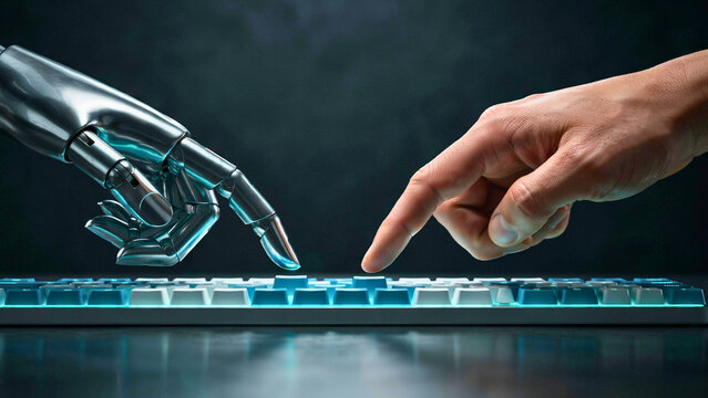 Human and robot hands typing together on keyboard showing collaboration between artificial intelligence and people in modern work