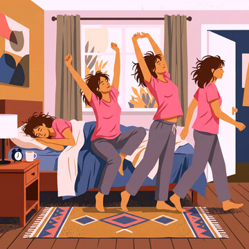 sequence of a woman transitioning from sleeping in bed to stretching and walking out her bedroom door in the morning.Graphic poster style illustration