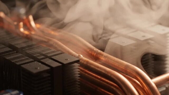 Overheating computer cpu cooler with copper heat pipes and rising steam, high-performance hardware thermal stress test