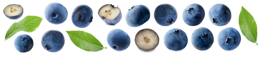 Blueberries and green leaves isolated on white, set. Fresh berry © New Africa