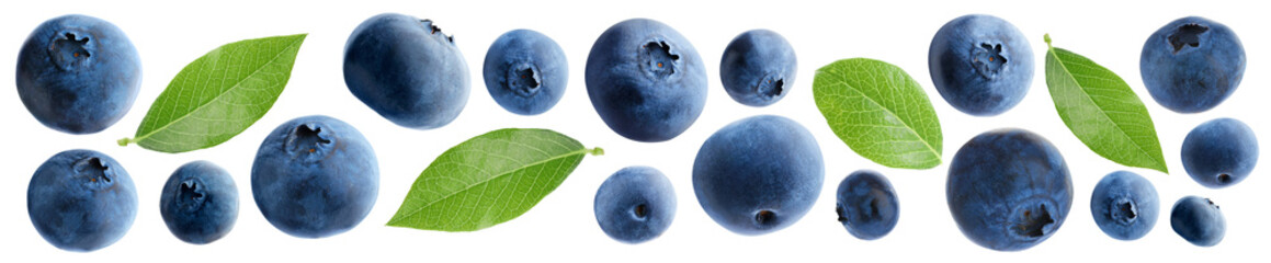Blueberries and green leaves isolated on white, set. Fresh berry © New Africa