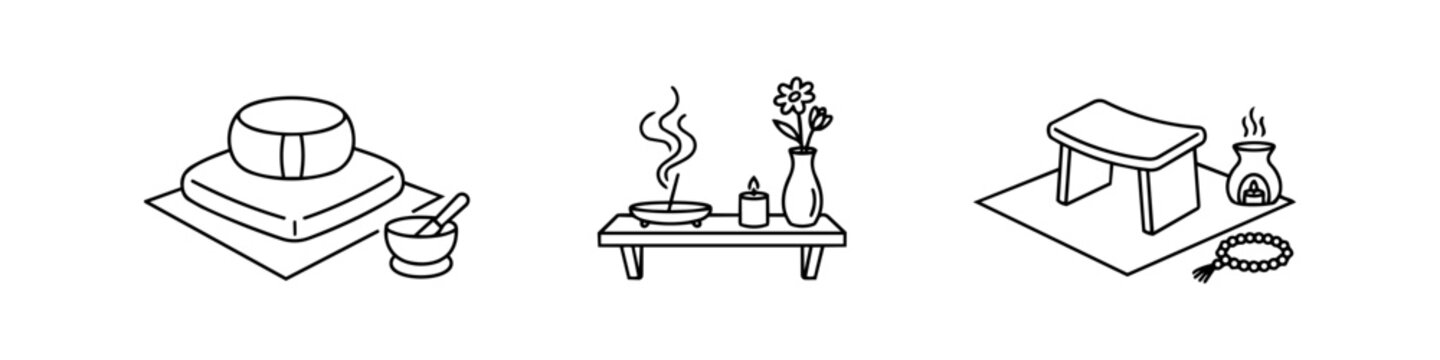 Minimalist outline icon set for meditation and mindfulness, featuring a zafu cushion, singing bowl, incense, and meditation bench. Perfect for Zen and wellness designs.