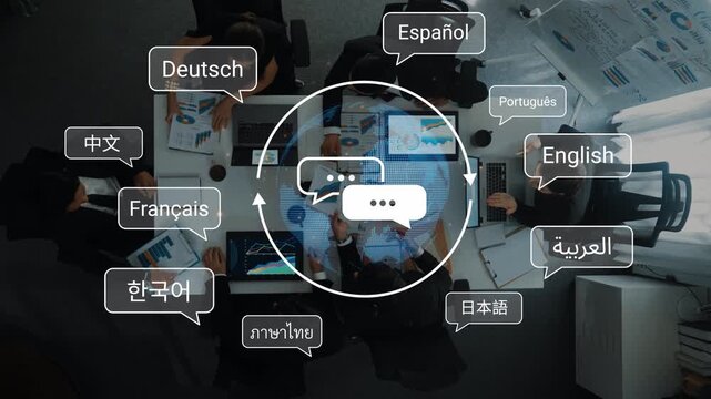 Diverse Team Collaborating in Multilingual Meeting with Speech Bubbles Representing Various Languages at Modern Office Workspace Gluon.