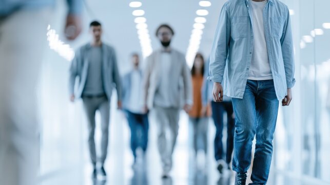 A group of people walking down a modern, bright corridor. They are moving towards the viewer, with some in focus and others blurred in the background