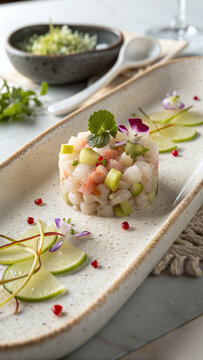 Photorealistic scallop tartare with apple brunoise, finger lime pearls, cucumber gel and nori lace in refined vertical styling