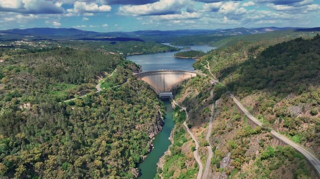 Aerial view of Castelo de Bode Dam on the Zezere River in Portugal