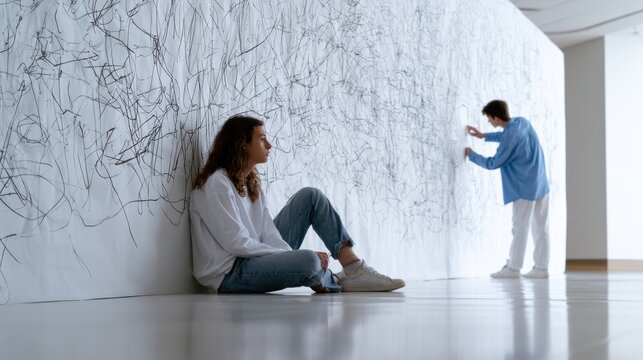 Two people in an art gallery, one sitting on the floor and the other drawing on the wall. The wall is covered in abstract lines and drawings, creating a dynamic backdrop for the figures.