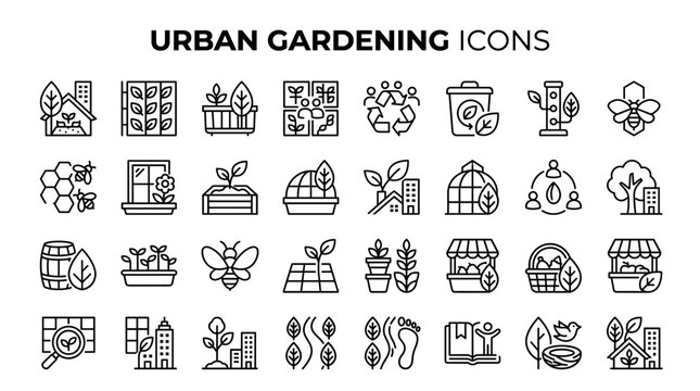 A collection of black outline vector icons representing urban gardening, sustainability, eco-friendly city living, agriculture, plants, and community ecology for modern web design projects.