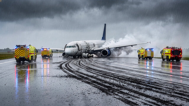emergency response vehicles surrounding damaged airplane after crash landing on wet runway