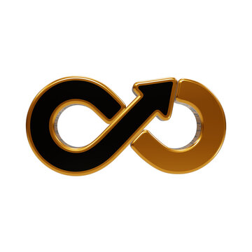 Golden 3d infinity arrow loop with metallic outline isolated on black background