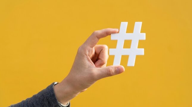 A hand holding a white hashtag symbol isolated on a bright yellow background