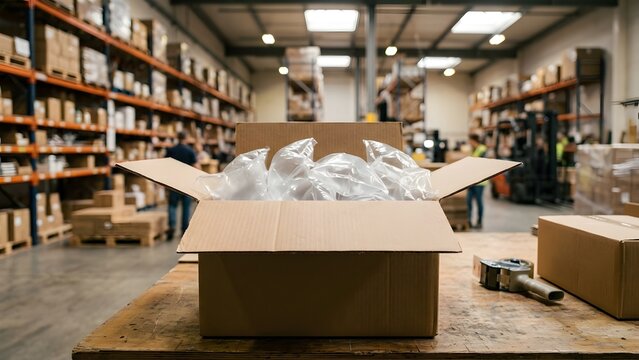 Open cardboard box filled with protective bubble wrap, on a wooden table in a warehouse setting.