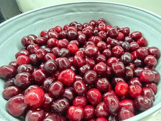 Fresh Ripe Red Cherries in a Bowl Close Up Top View © Mapa