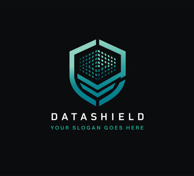Modern geometric data shield logo and cybersecurity protection icon for cloud security, network defense, digital privacy, secure technology and corporate branding