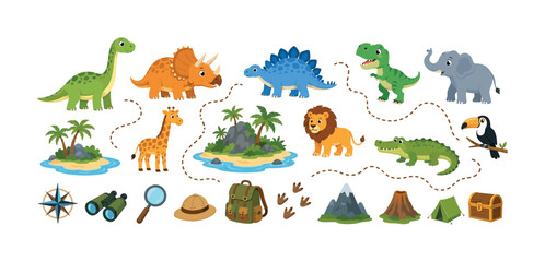 Fototapeta premium Cartoon animals and dinosaurs on a treasure map adventure