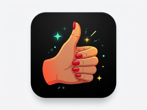 Woman hand with red nails showing thumb up gesture in a black square icon