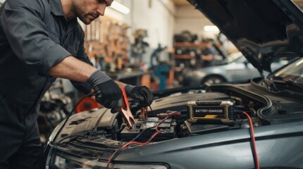 Fototapeta premium Auto Mechanic Connecting Battery Charger to Car Battery in Professional Repair Workshop