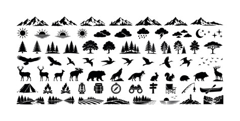 Fototapeta premium Collection of outdoor nature and wildlife silhouette icons for adventure