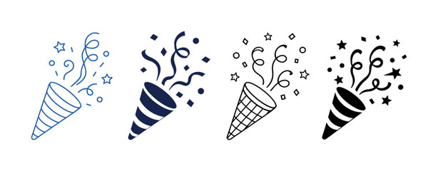 Naklejka premium Collection of party popper icons with confetti and streamers in various styles