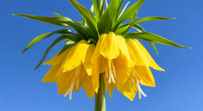 Goldgelbe Kaiserkrone vor klarem blauen Himmel in botanischer Nahaufnahme