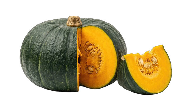 A fresh green kabocha squash with a slice showing bright orange flesh and seeds isolated on transparent background