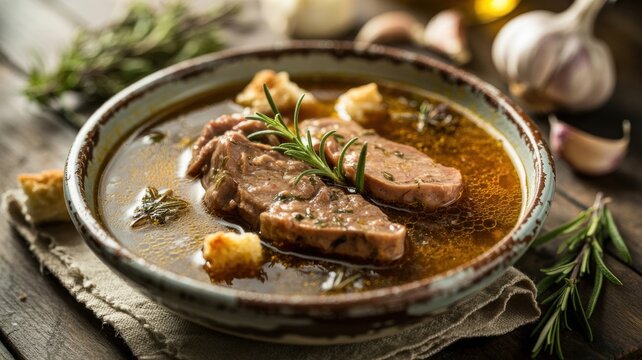 A national dish of Italian cuisine. 
Zuppa di Fegato is a soup made from liver, stewed with aromatic herbs, garlic, and olive oil, and served on slices of bread. 