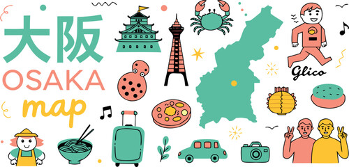 Fototapeta premium Osaka travel map illustration set featuring famous landmarks and local food in flat pastel style.