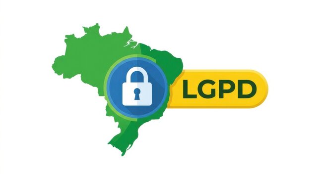 Brazil map outline with padlock icon and lgpd text for data privacy protection