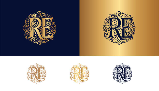 Elegant RE monogram logo emblem with ornate filigree details for branding.