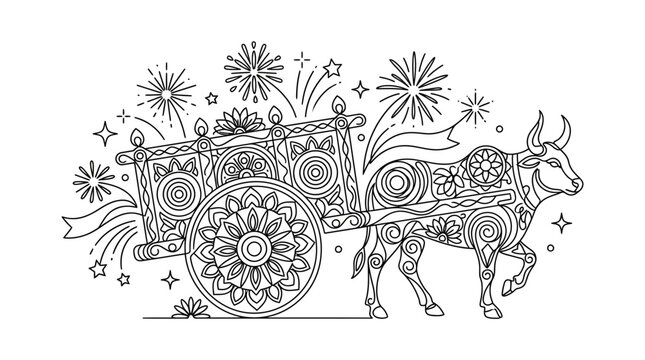Ornamental bullock cart illustration with festive fireworks for coloring book