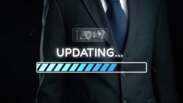 A businessman in a suit stands against a dark backdrop, showcasing a digital interface with an updating progress bar and various icons, symbolizing technology and innovation. Qubit