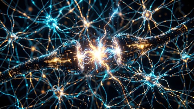 Digital illustration of a synaptic connection between two neurons, with electrical impulses firing and illuminating the neural network in blue and gold.