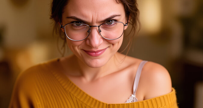 Young woman with mischievous smile and eyeglasses looks directly at camera