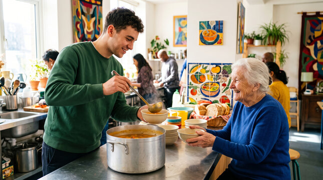 Young man serves soup to elderly woman in community kitchen with others helping
